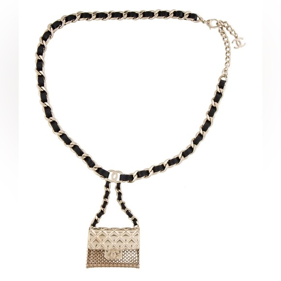 Chanel Gold and Black Micro Classic Flap Necklace in Metal and Lambskin Leather main image 5